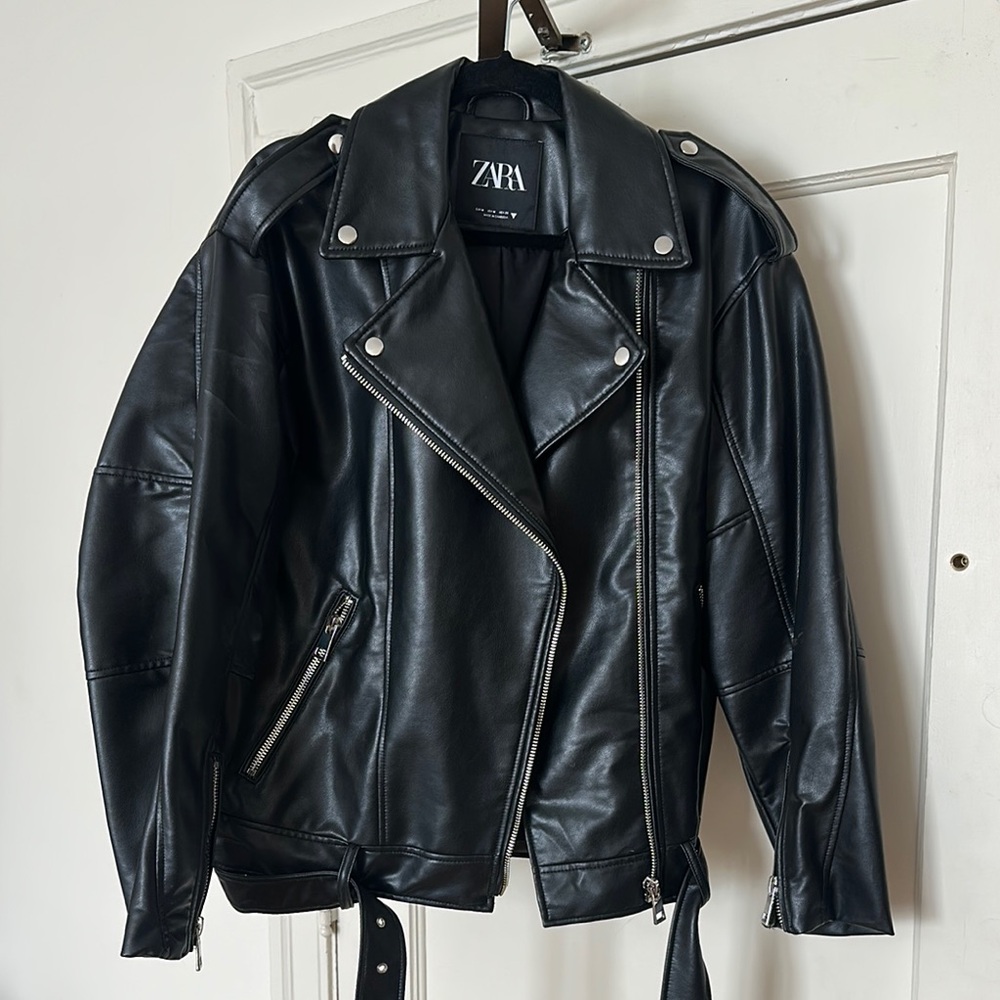 Zara Oversized Faux Leather Black Biker Jacket
